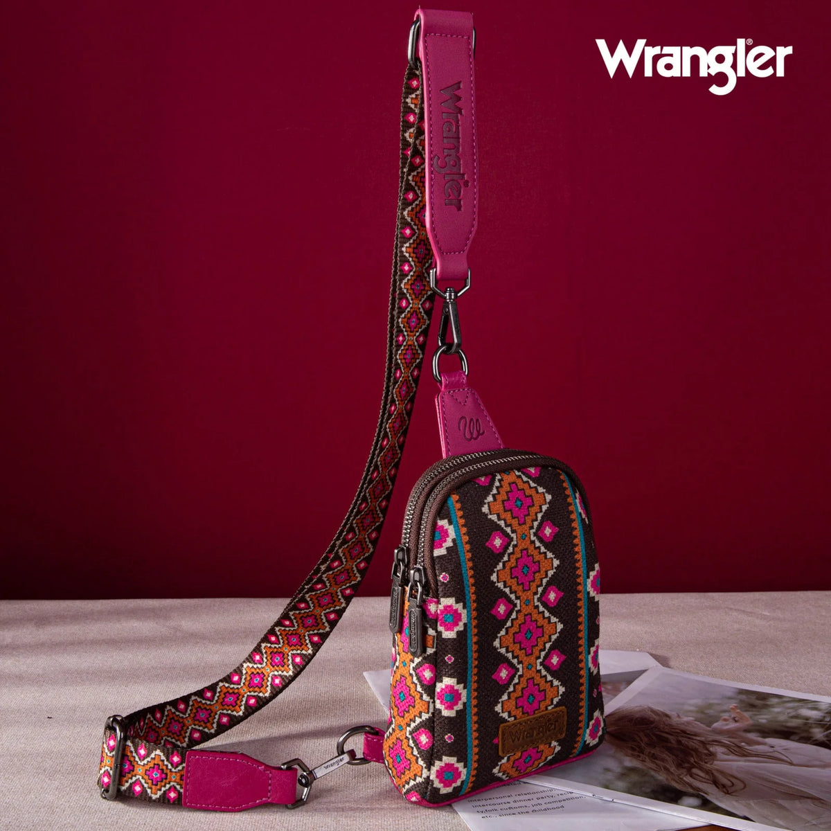 Wrangler Aztec Print Crossbody Sling Chest Bag - Pink