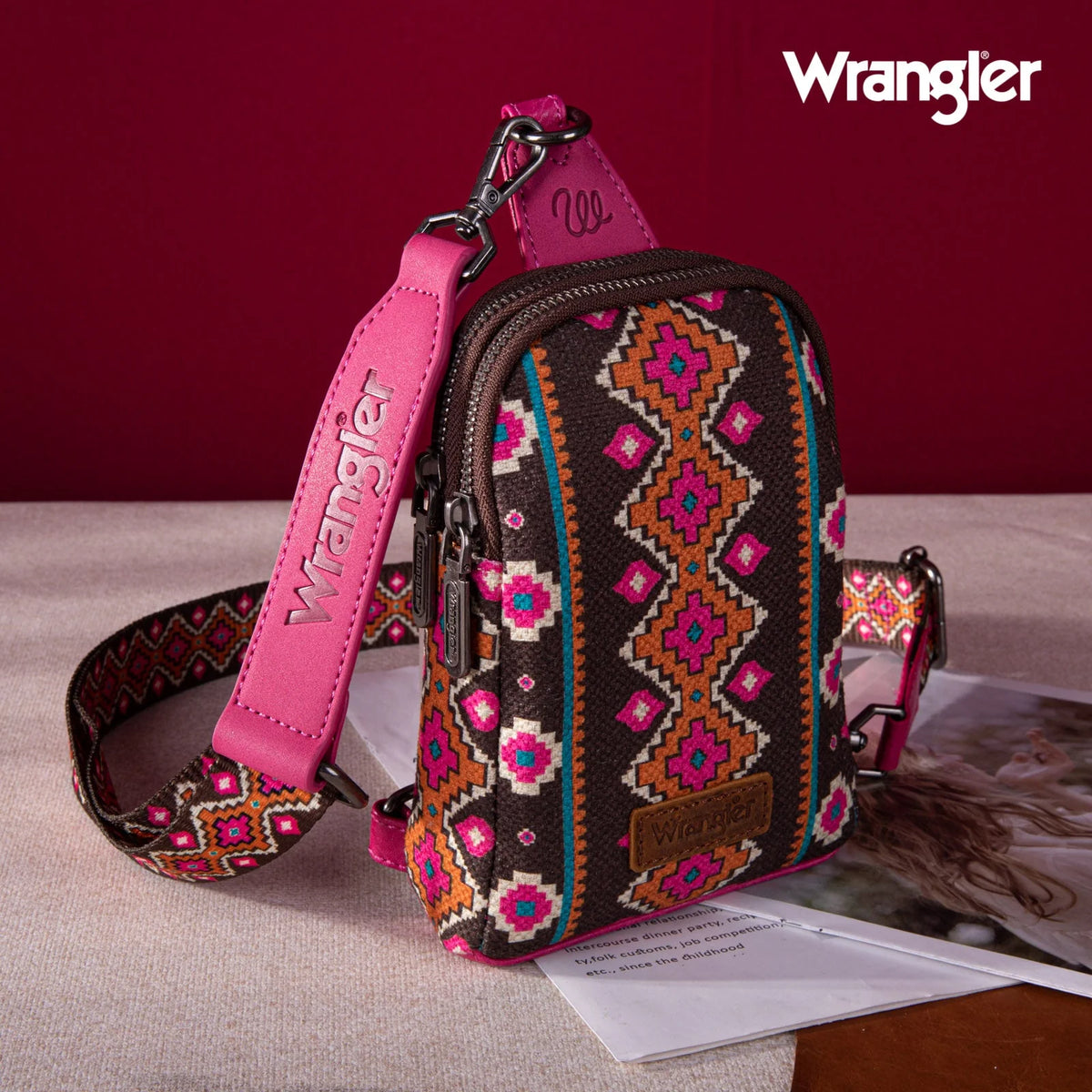 Wrangler Aztec Print Crossbody Sling Chest Bag - Pink