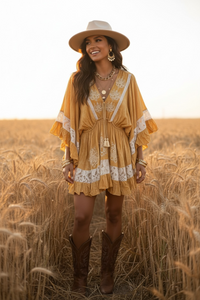 Kaftan Embroidered Dye Effect Dress with Lace