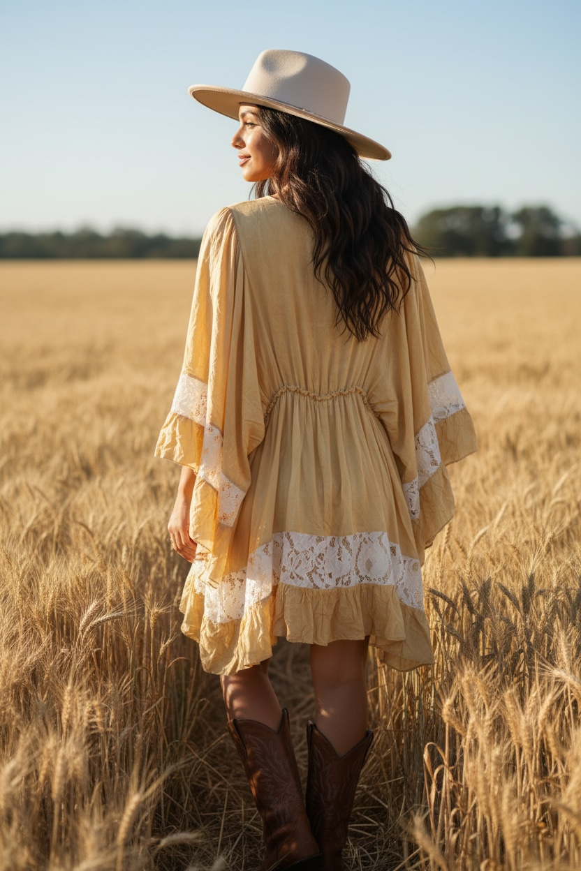 Kaftan Embroidered Dye Effect Dress with Lace