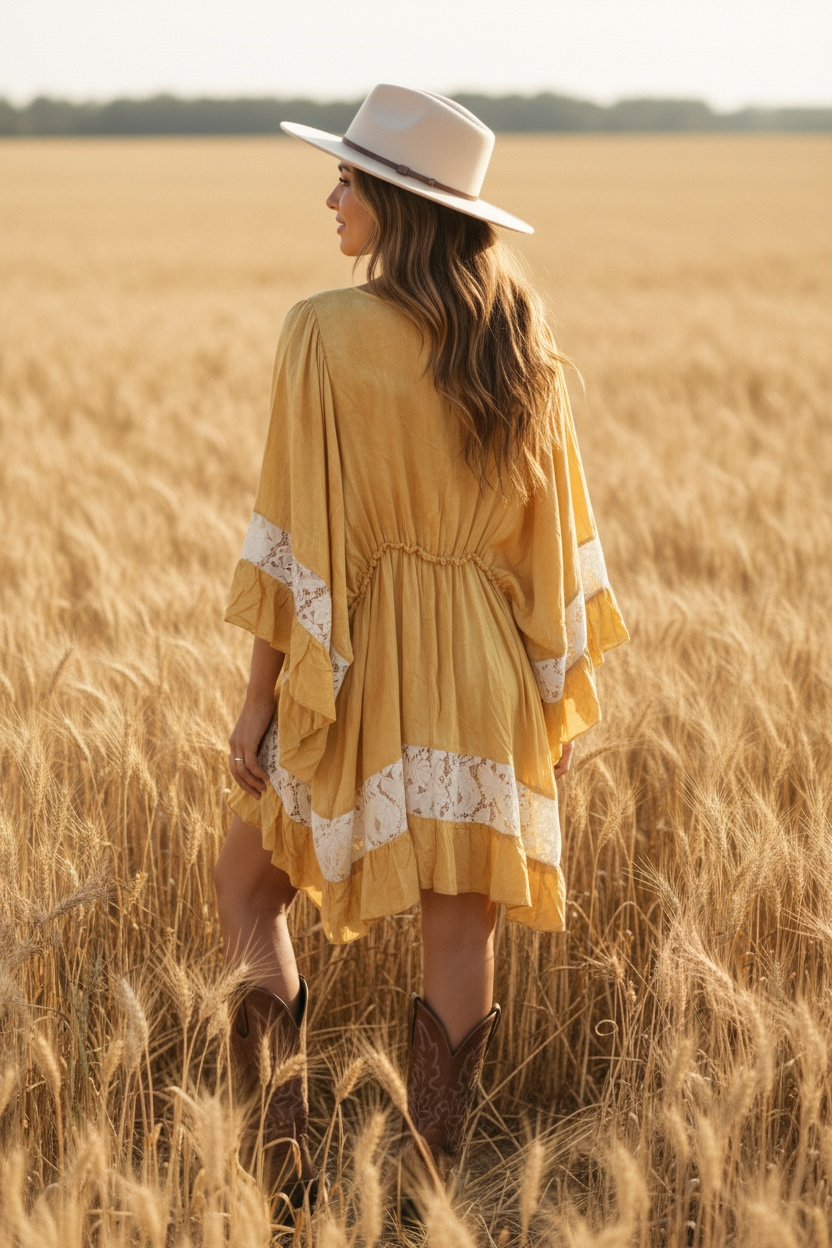 Kaftan Embroidered Dye Effect Dress with Lace