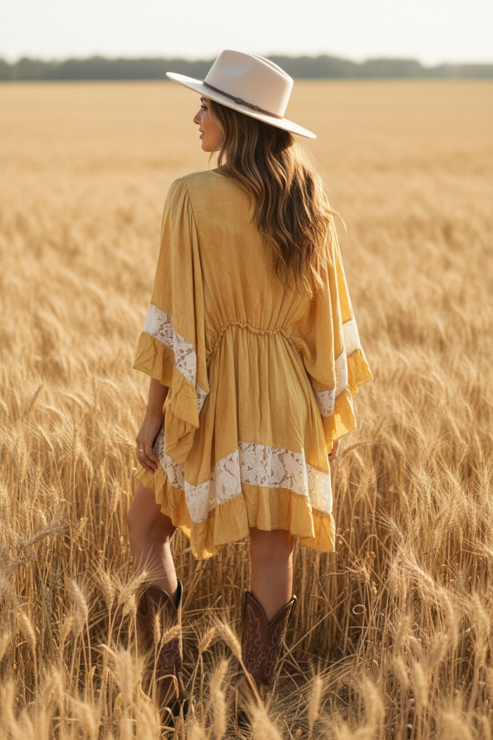 Kaftan Embroidered Dye Effect Dress with Lace