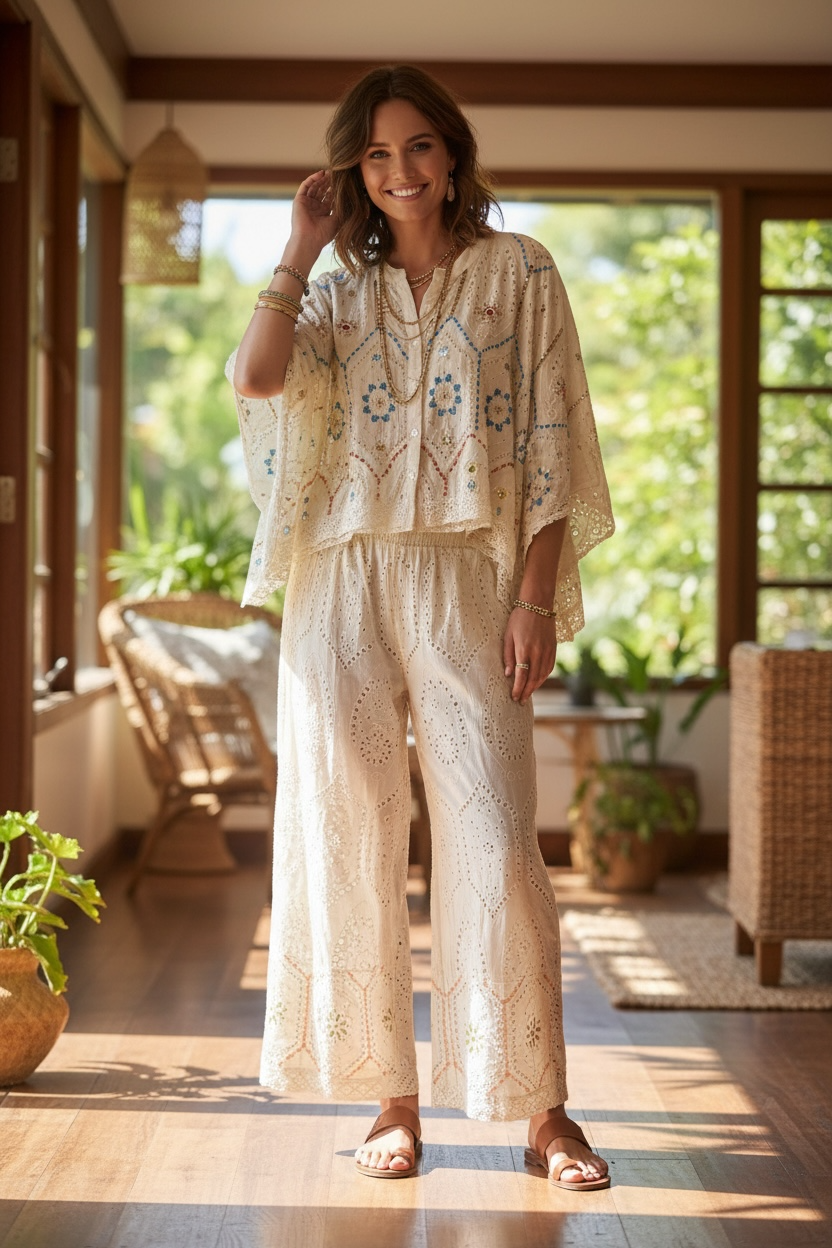 Eyelet Boho Embroidered Pant  + Top Set