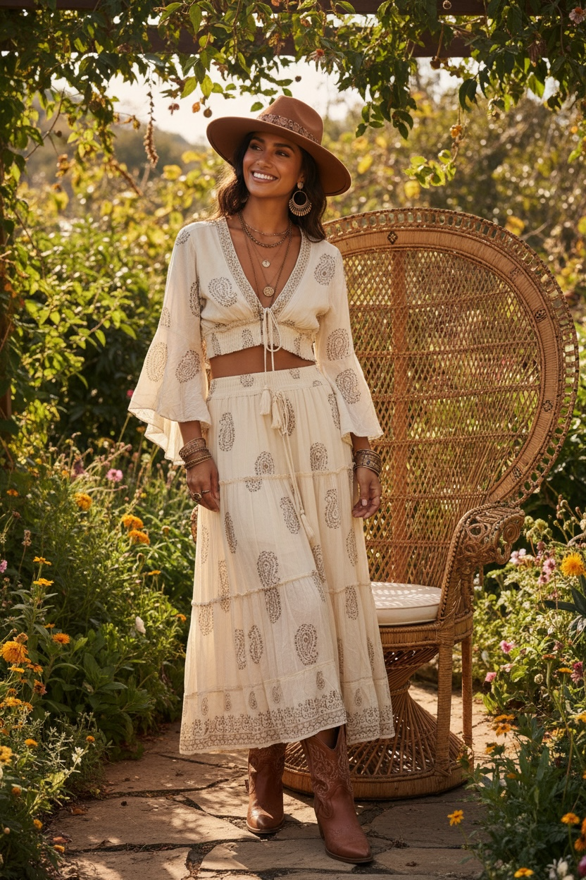 Neutral Bohemian Skirt + Top Set