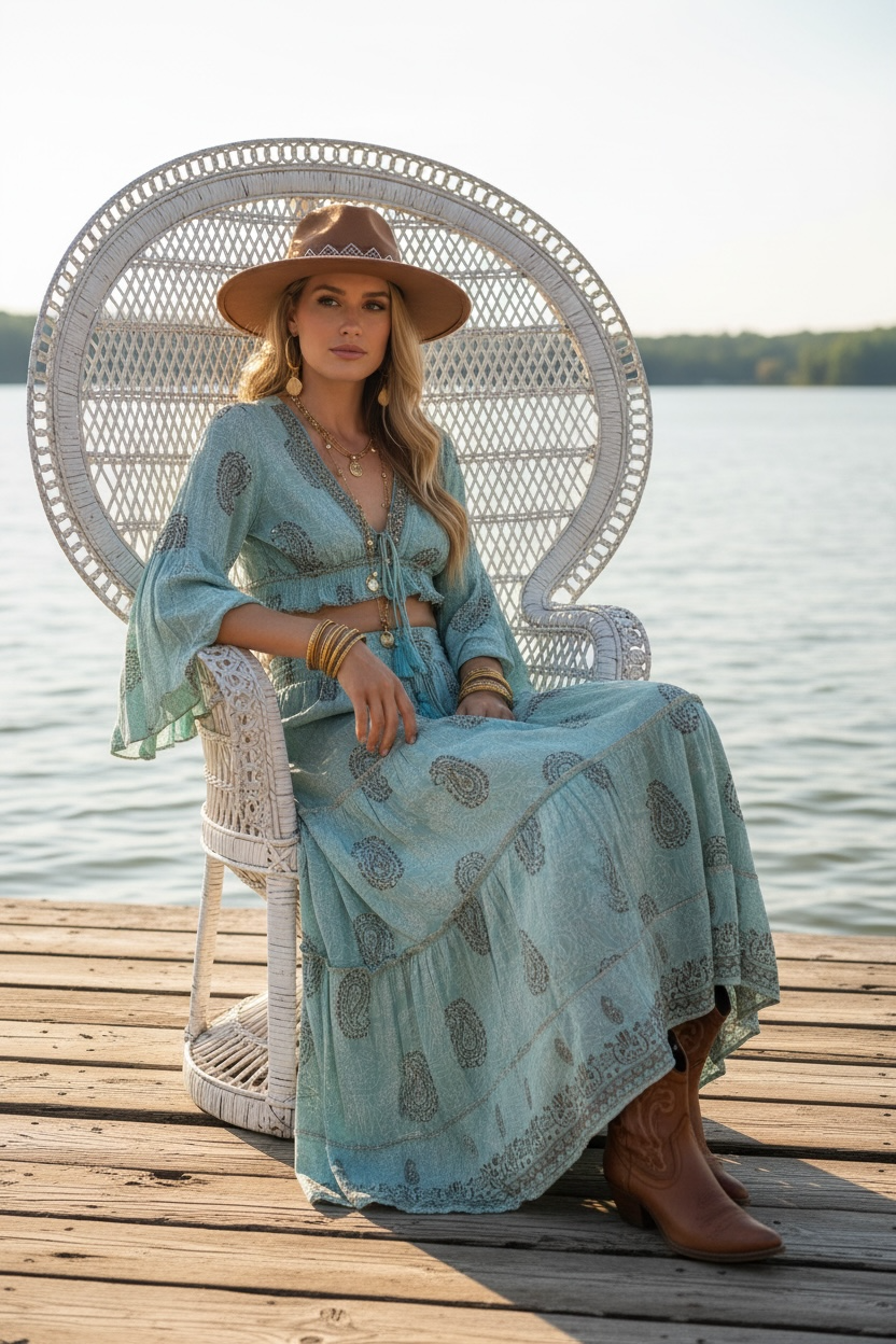 Sky Blue Bohemian Skirt + Top Set