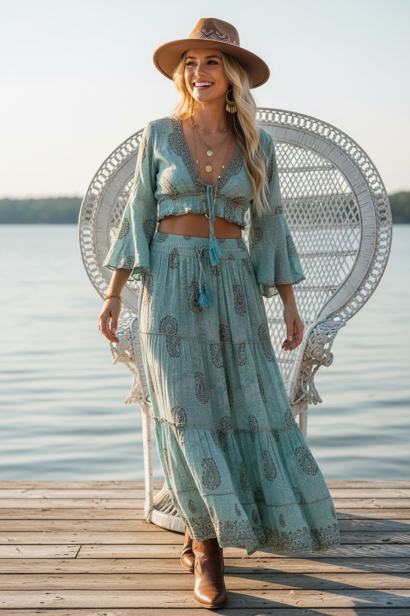Sky Blue Bohemian Skirt + Top Set
