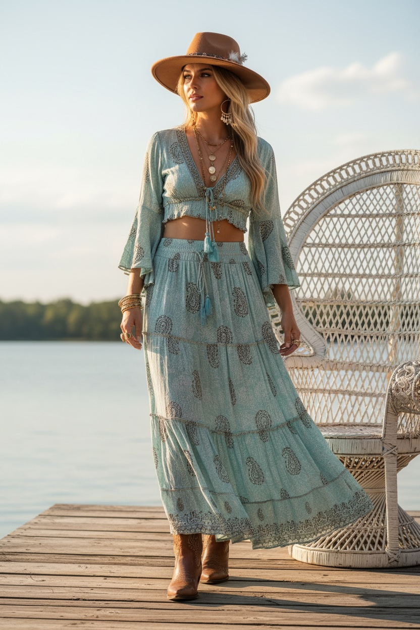 Sky Blue Bohemian Skirt + Top Set