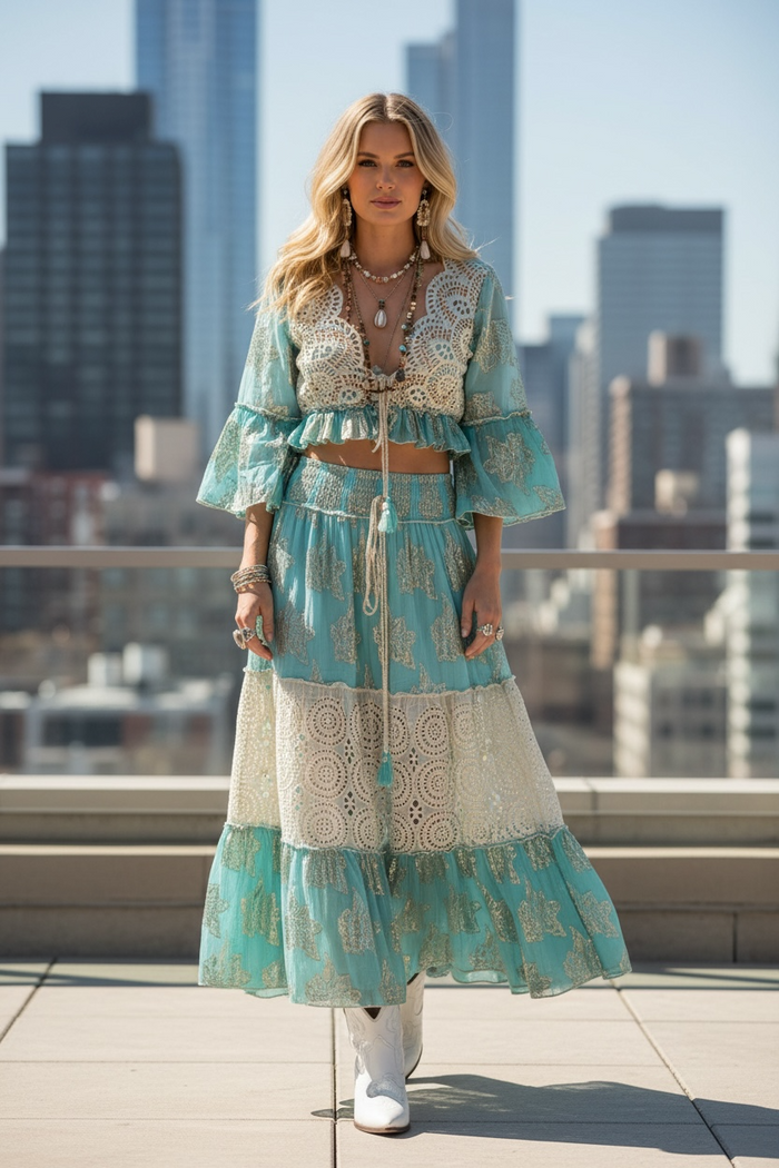Lace + Shine Bohemian Skirt + Top Set - Azul