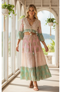 Lace + Shine Bohemian Skirt + Top Set - Pink / Mint