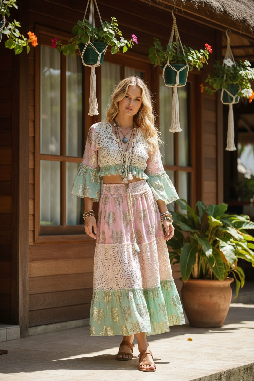 Lace + Shine Bohemian Skirt + Top Set - Pink / Mint