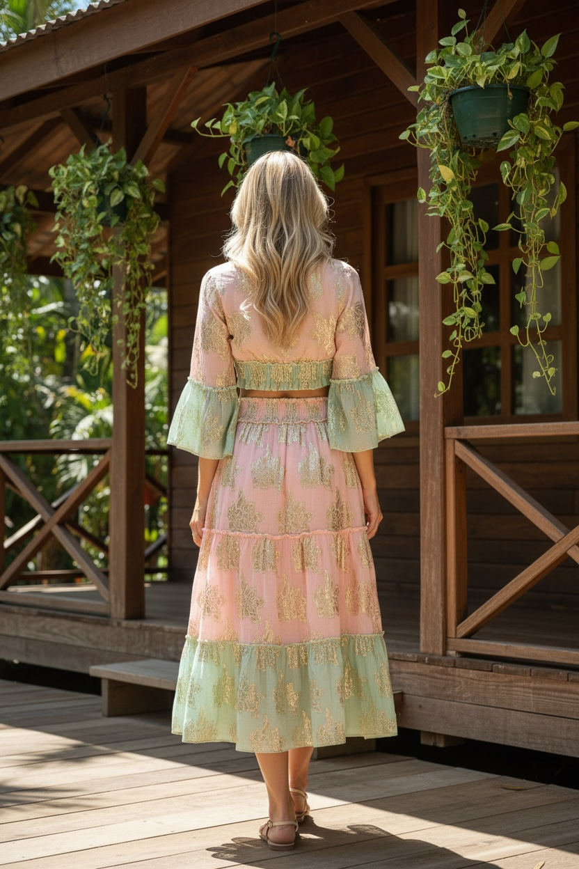 Lace + Shine Bohemian Skirt + Top Set - Pink / Mint