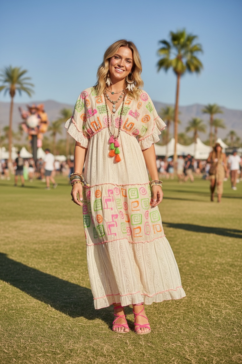 Neon Embroidered Ivory Maxi Dress