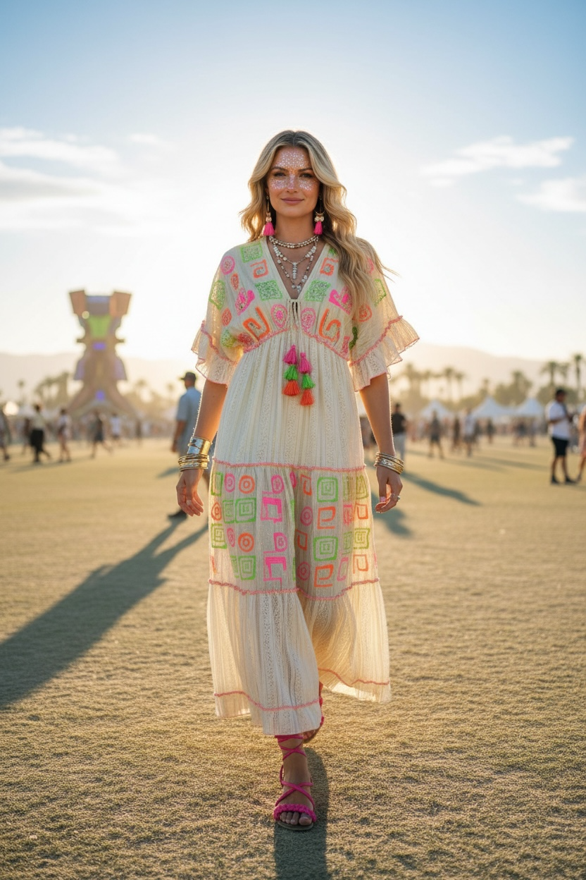 Neon Embroidered Ivory Maxi Dress