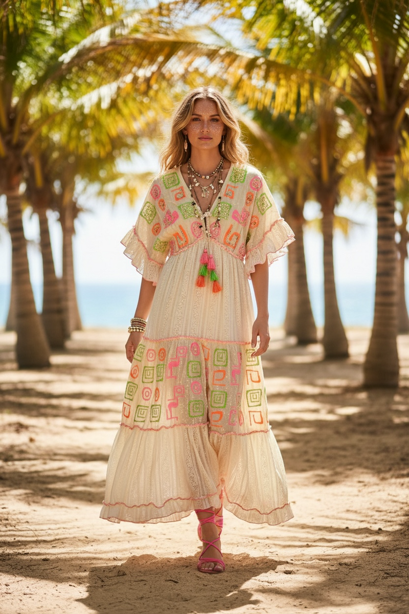 neon boho dress Neon Embroidered Ivory Maxi Dress