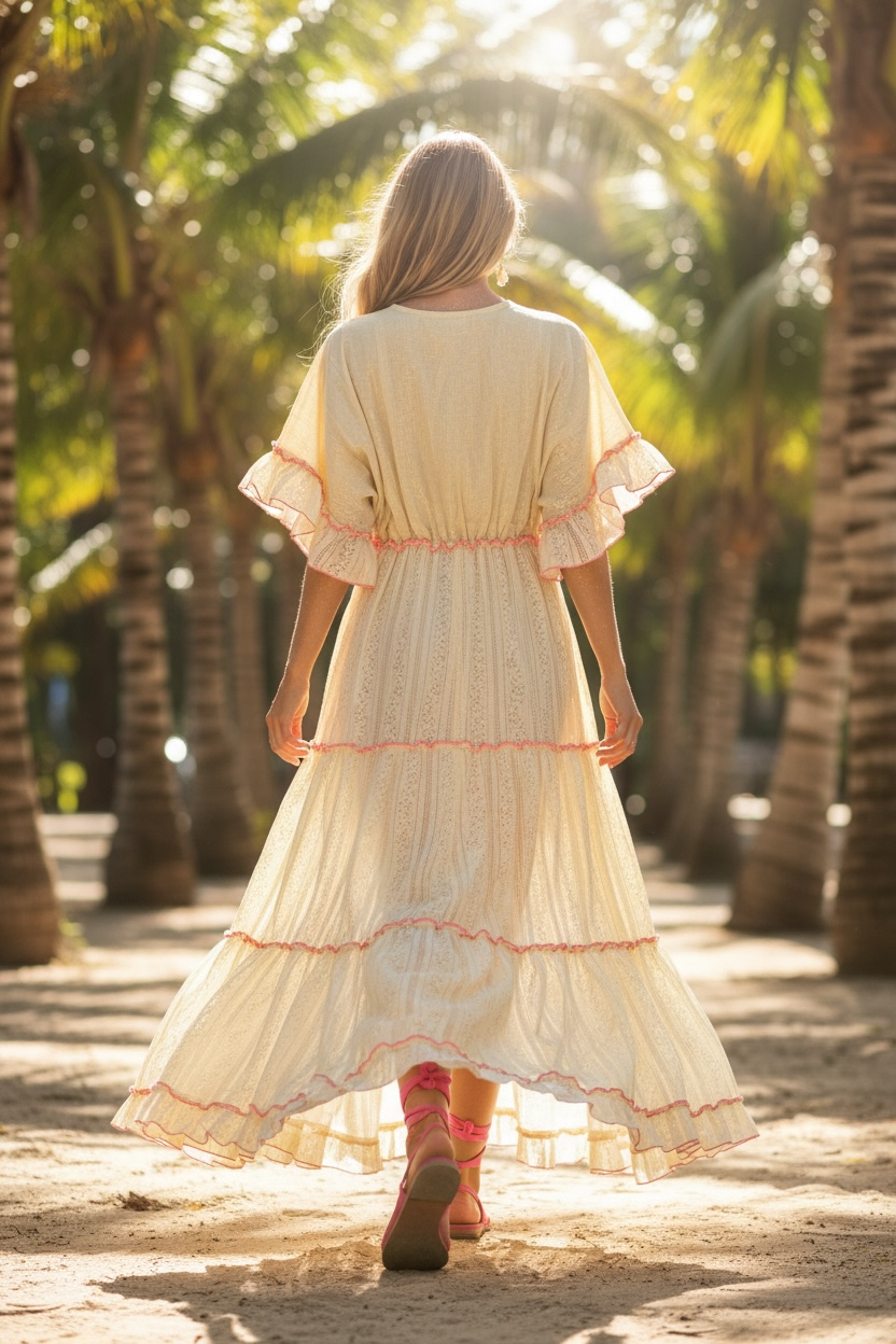 Neon Embroidered Ivory Maxi Dress