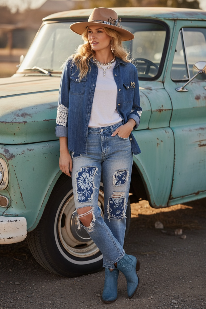 Quilted Denim Western Shirt