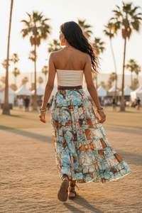 Multi Tiered High Low Hem Tassel Skirt - Desert Blue