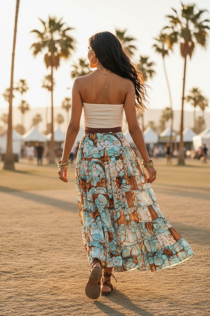 Multi Tiered High Low Hem Tassel Skirt - Desert Blue