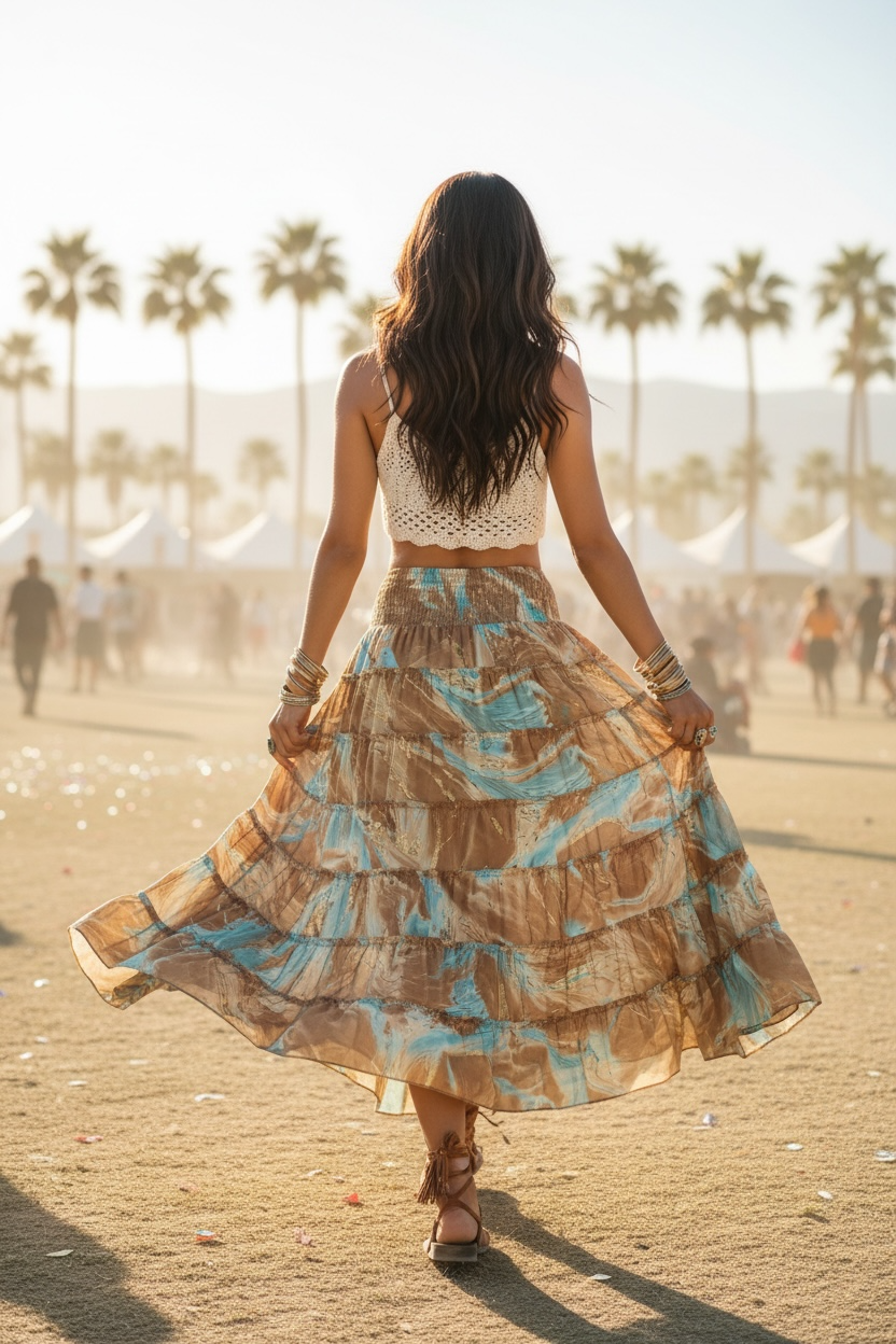 Multi Tiered High Low Hem Tassel Skirt - Mocha + Dusty Blue