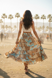 Multi Tiered High Low Hem Tassel Skirt - Mocha + Dusty Blue