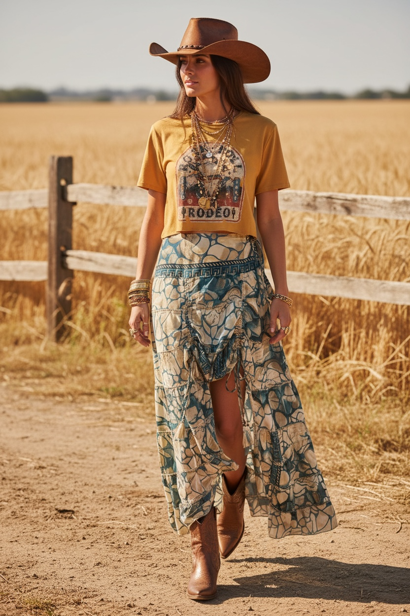 Woman in a yellow rodeo graphic t-shirt, patterned skirt, and cowboy hat standing in a field wearing cowboy boots.