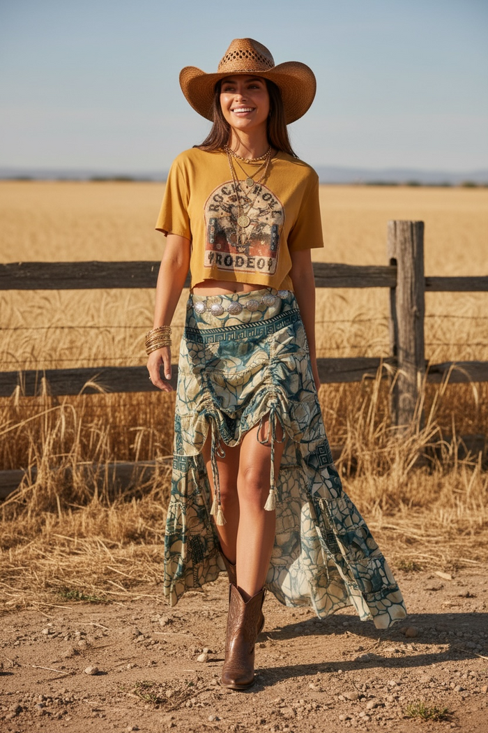 Woman in a yellow rodeo shirt and patterned skirt standing in a field with a wooden fence wearing cowboy boots.
