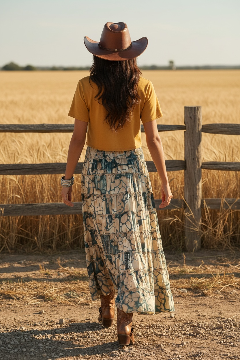 Woman in a yellow rodeo graphic t-shirt, patterned skirt, and cowboy hat standing in a field wearing cowboy boots, back view.