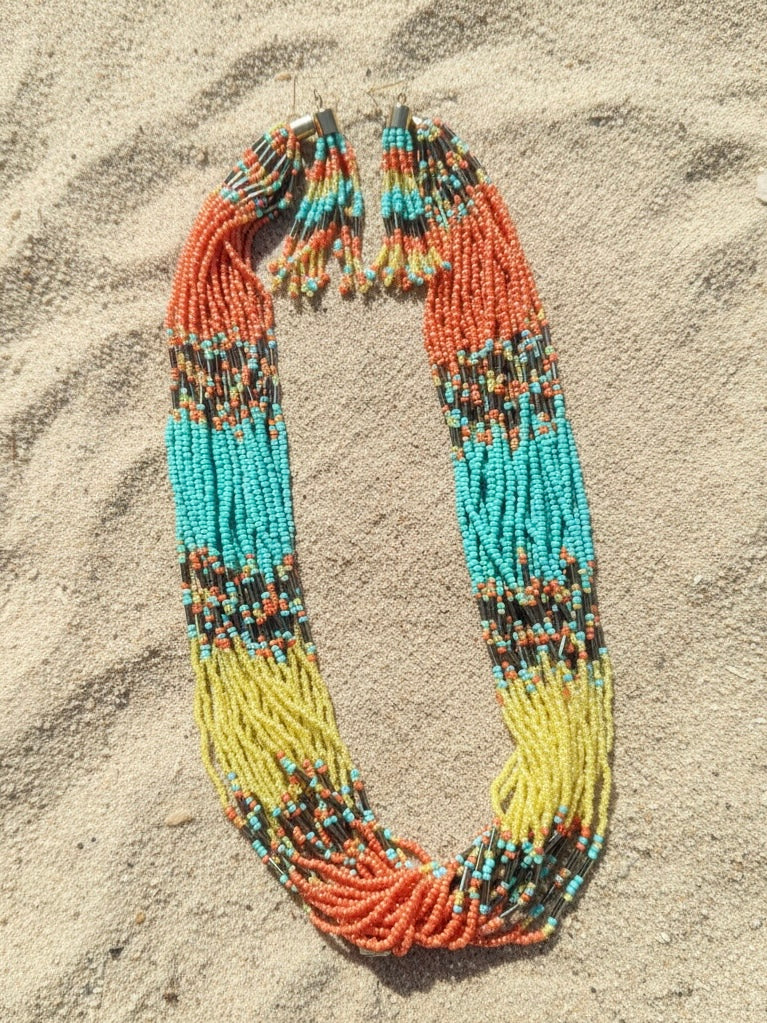 Cabo Golden Coastal Beaded Statement Necklace + Earring Set