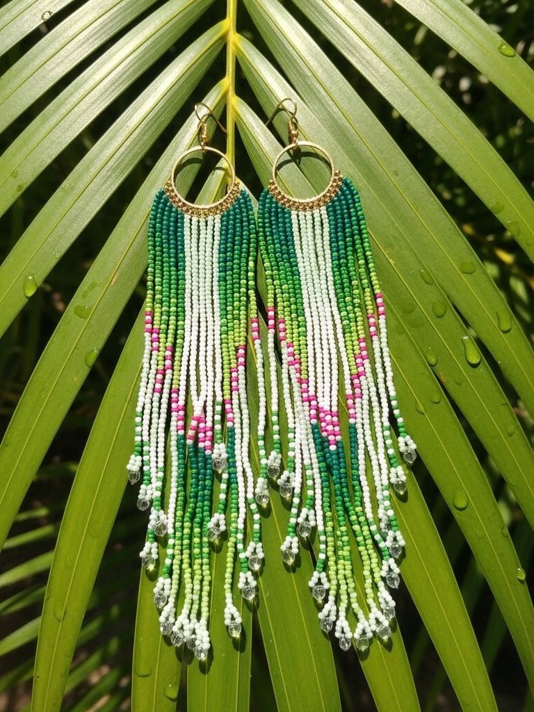 Cascading Beaded Festival Earrings - Green