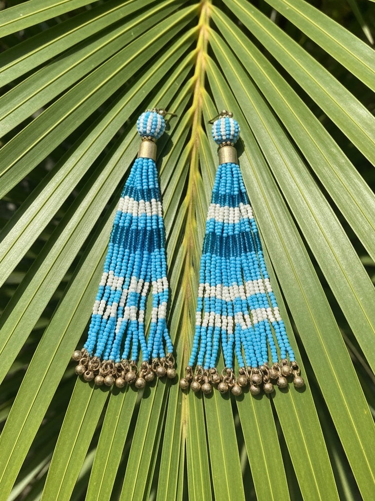 Myra Indigo Beaded Tassel Earrings