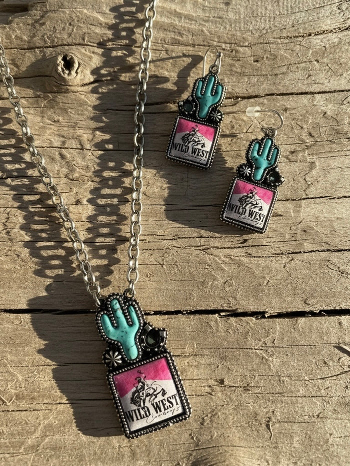 Wild West Cactus Necklace + Earring Set Pink