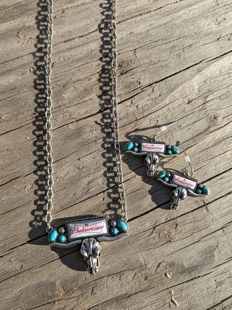 Babeweiser Cow Skull Necklace + Earring Set