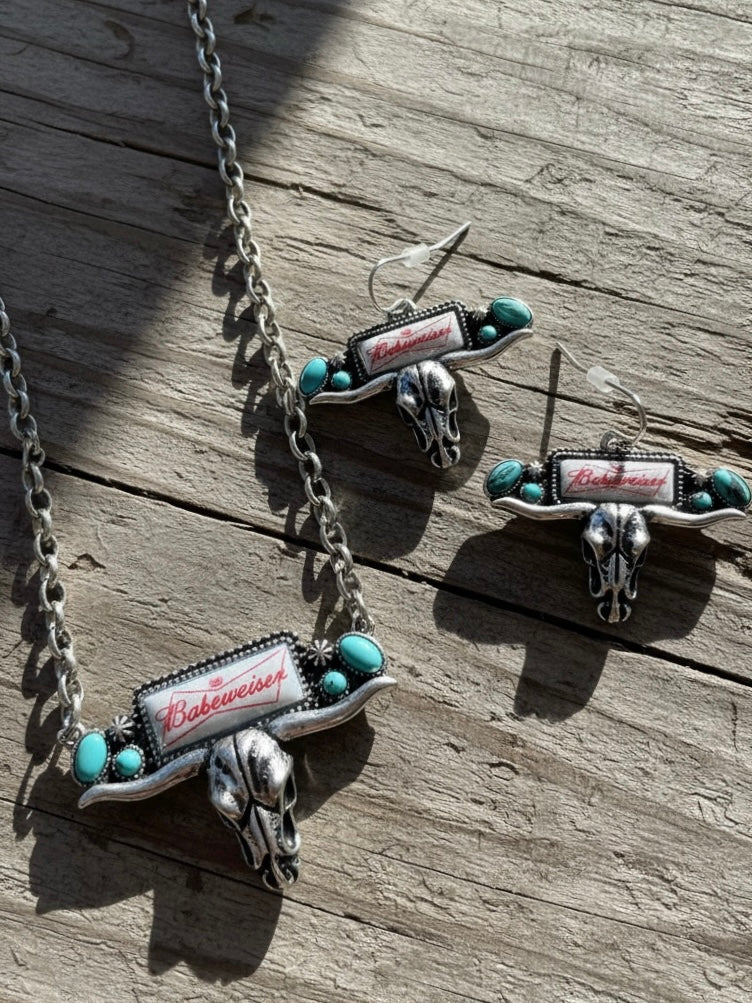 Babeweiser Cow Skull Necklace + Earring Set
