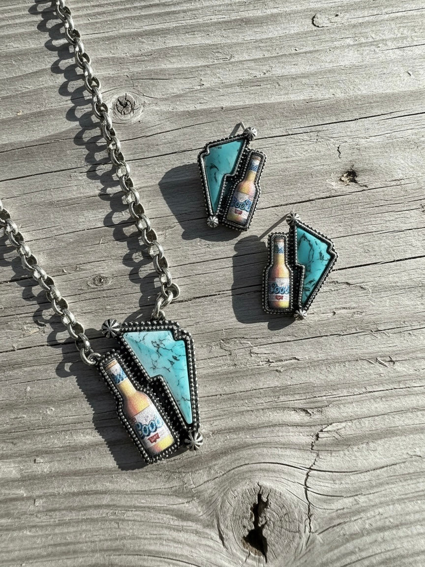 Cool Beer Necklace + Earring Set Teal