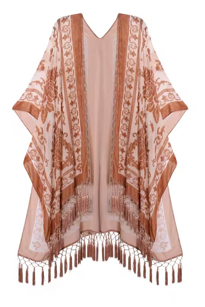 Monarch Burnout Velvet Kimono - Beige