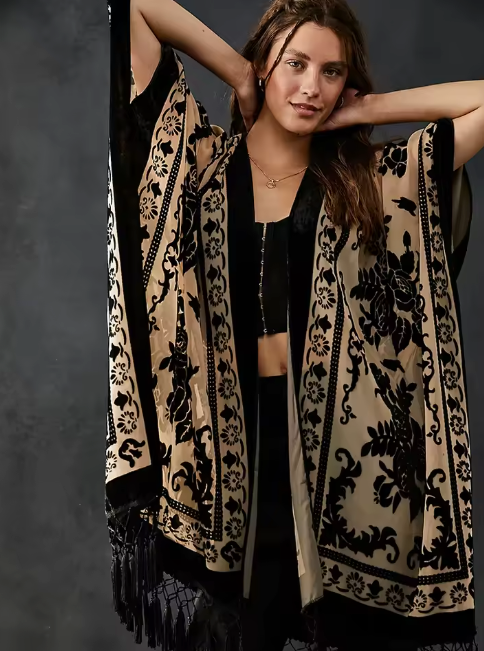Monarch Burnout Velvet Kimono - Black + White