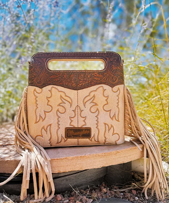 Wrangler Top Handle Boot Scroll Fringe Tote/Crossbody - Beige