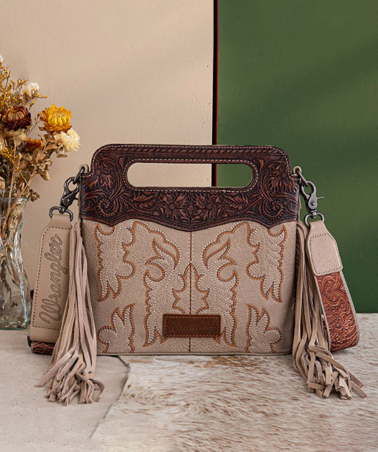 Wrangler Top Handle Boot Scroll Fringe Tote/Crossbody - Beige