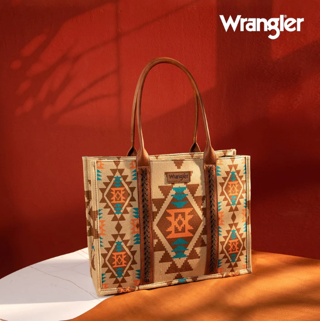 Wrangler Southwestern Pattern Dual Sided Print Canvas Wide Tote Light