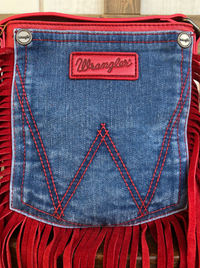 Wrangler Leather Fringe Jean Denim Pocket Crossbody - Red