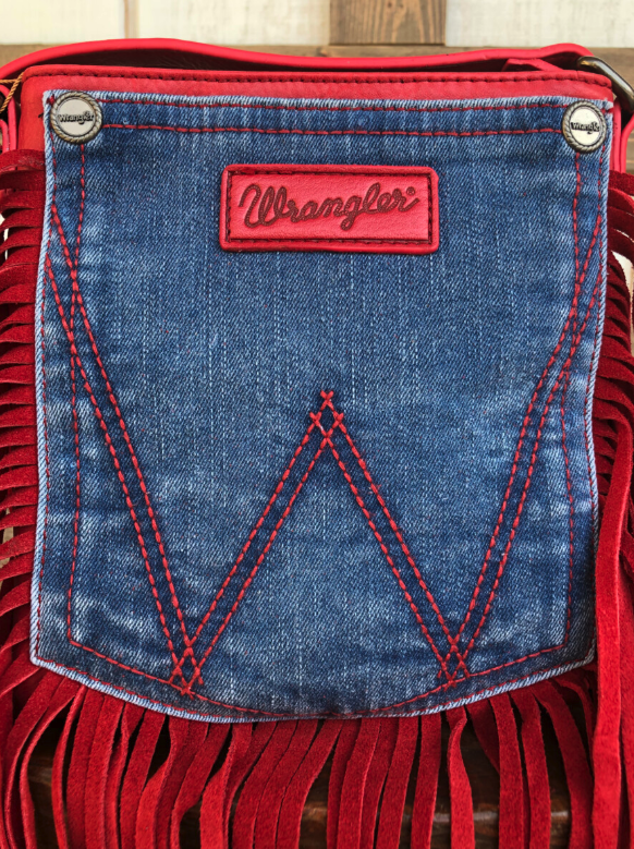 Wrangler Leather Fringe Jean Denim Pocket Crossbody - Red