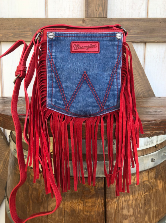 Wrangler Leather Fringe Jean Denim Pocket Crossbody - Red