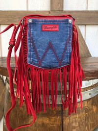 Wrangler Leather Fringe Jean Denim Pocket Crossbody - Red
