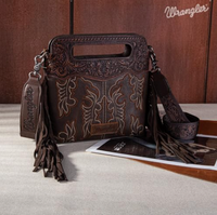 Wrangler Top Handle Boot Scroll Fringe Tote/Crossbody - Brown