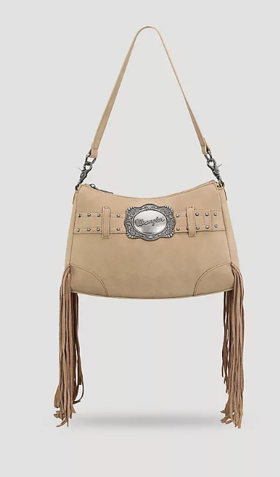 Wrangler Buckle + Fringe Satchel Bag - Tan