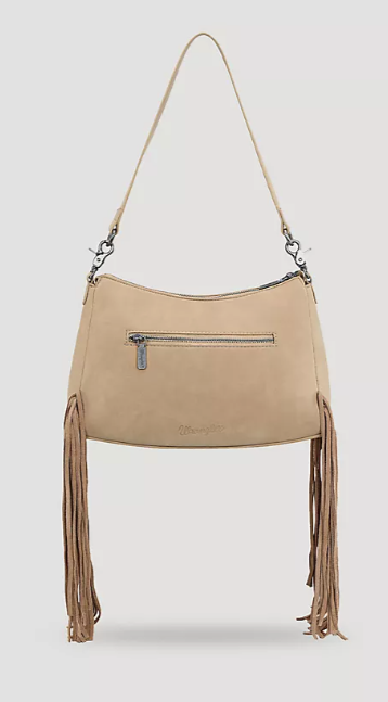 Wrangler Buckle + Fringe Satchel Bag - Tan