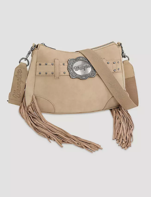Wrangler Buckle + Fringe Satchel Bag - Tan