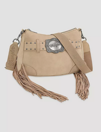 Wrangler Buckle + Fringe Satchel Bag - Tan
