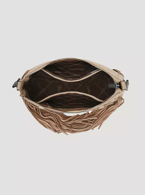 Wrangler Buckle + Fringe Satchel Bag - Tan