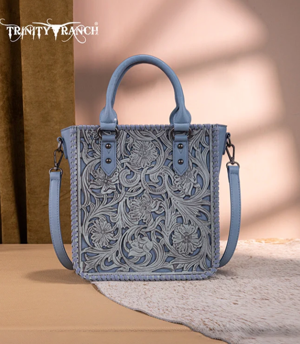 Trinity Ranch Western Floral Tooled Tote Bag - Blue